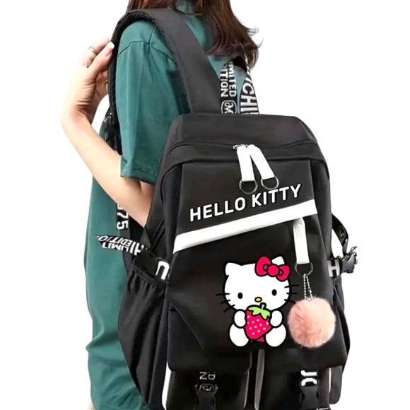 HELLO KITTY Limited Edition Black Large  Backpack W/Pink Pom Pom Keychain - Picture 3 of 8